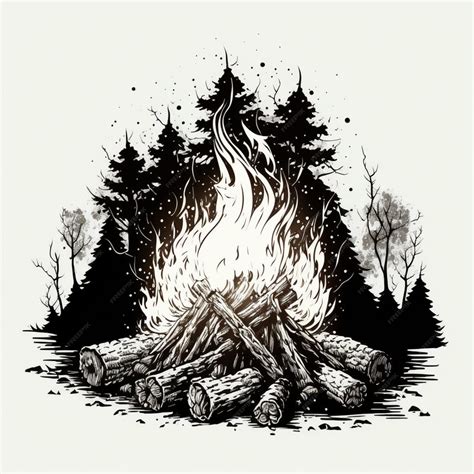 Premium Photo | A black and white drawing of a campfire with trees in ...