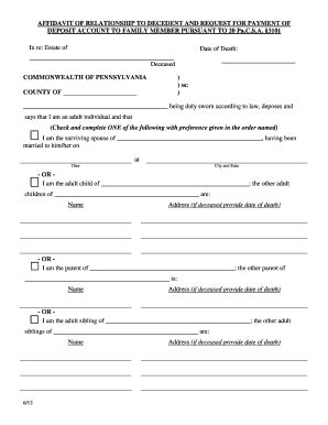 PA Affidavit Of Relationship To Decedent And Request For Payment Of ...