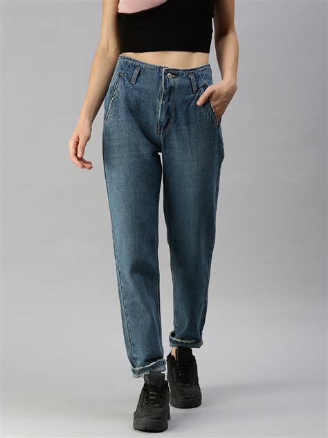 SHOWOFF Women's Clean Look Blue Mom Fit Denim Jeans