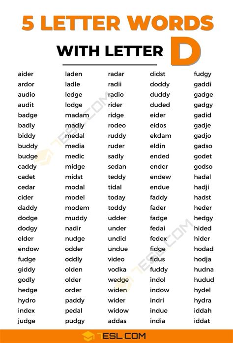 5 Letter Words with D (1900+ Words in English) • 7ESL