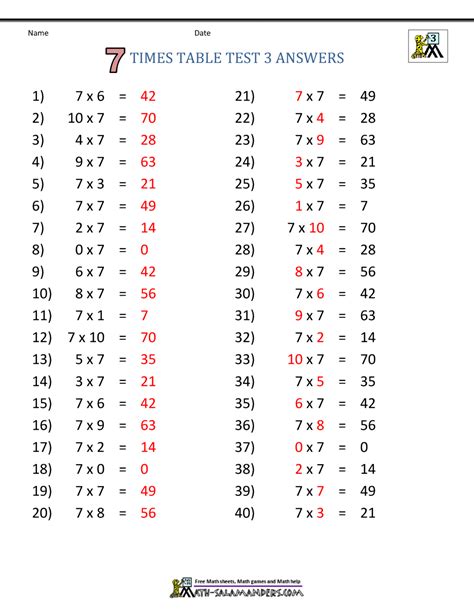 Image result for 7 Times Table Test Worksheet