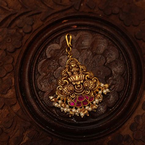 Monita Antique Tikka | Goddess Lakshmi Motif with Stones & Pearls