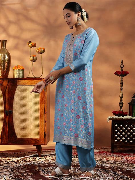 Buy Blue Woven Design Silk Blend Straight Suit With Dupatta Online at ...