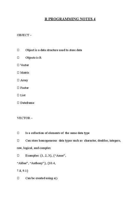R Notes 4 - R PROGRAMMING NOTES 4 OBJECT – 🠀 Object is a data structure ...