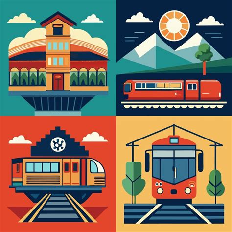 A colorful illustration showing four scenes with trains mountains a ...