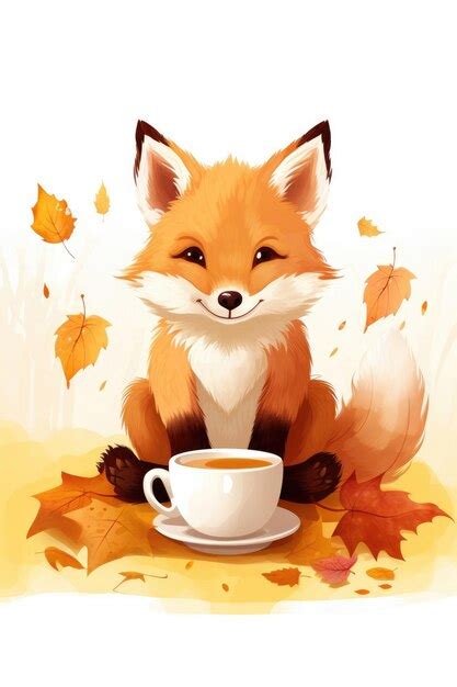 Illustration of a fox with a cup of tea in the autumn forest | Premium ...