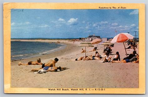 Watch Hill Beach Sunny Sand Bathers Umbrellas Ocean RI Postcard K28 ...
