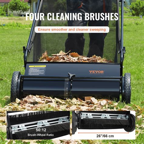 VEVOR Push Lawn Sweeper, 26 Inch Leaf & Grass Collector, Strong Rubber ...