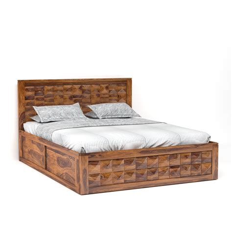 Diamond Sheesham Wood Queen Size Bed with Box Storage in Honey Finish ...