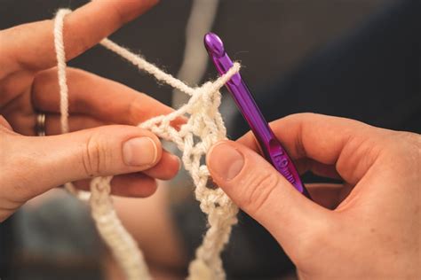 Person Holding Purple Crochet Hook and White Yarn · Free Stock Photo
