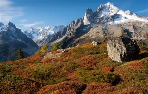 Wallpaper autumn, mountains, stones, rocks, the slopes, shrubs for ...