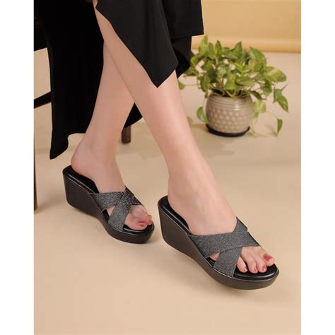 Buy T.ELEVEN Embellished Peep-Toe Wedges Sandals-Black Online