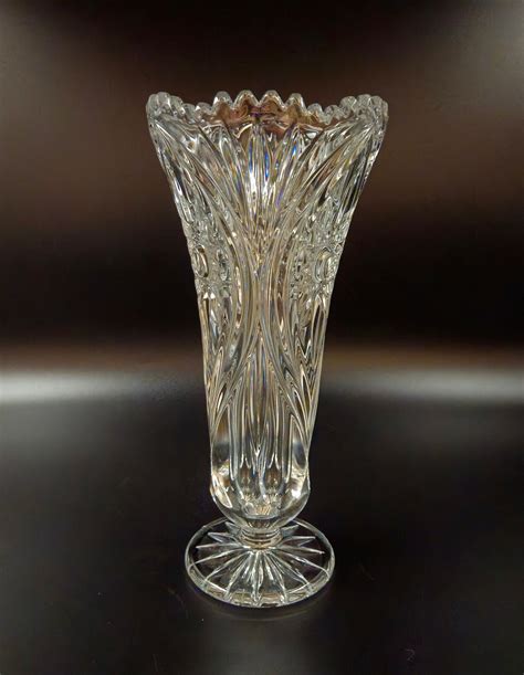 Vintage Crystal Vase on Pedestal With Sunburst Design and Scalloped Rim ...