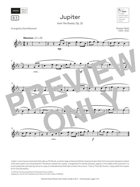 Jupiter (Grade 3, list B3, from the ABRSM Clarinet Syllabus from 2026 ...