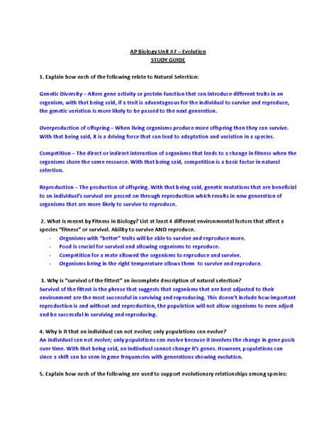 AP Biology Unit #7 – Evolution Study Guide - AP Biology Unit #7 ...