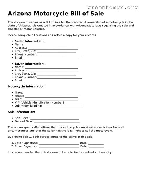 Valid Arizona Motorcycle Bill of Sale Forms ≡ Fillable Template