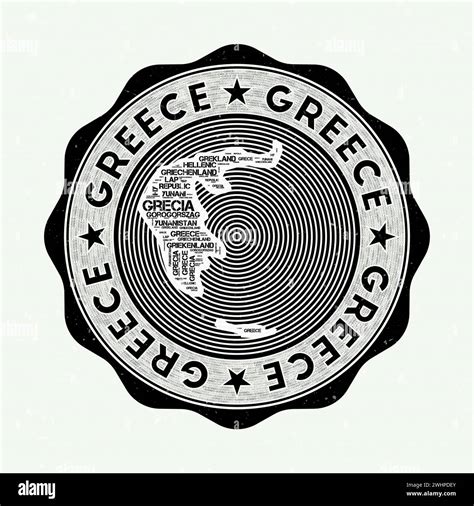 Greece seal. Country round logo with shape of Greece and country name in multiple languages word ...