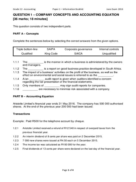 Fillable Online Grade 12 Accounting June Exam 2016: Company Concepts ...