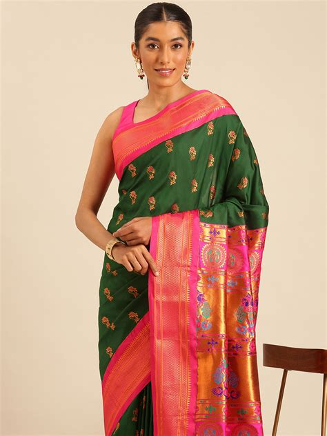 Ahilya Bottle Green & Pink Soft Silk Peshwai Nath Paithani Saree ...