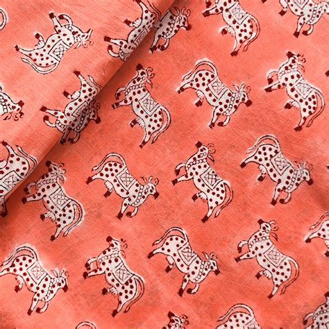 Pure Cotton Jaipuri Dark Peach With Cow Motif Hand Block Print Fabric ...