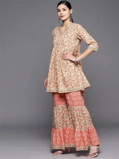 Buy Tan Printed Cotton Anarkali Kurti With Sharara & Dupatta Online at ...