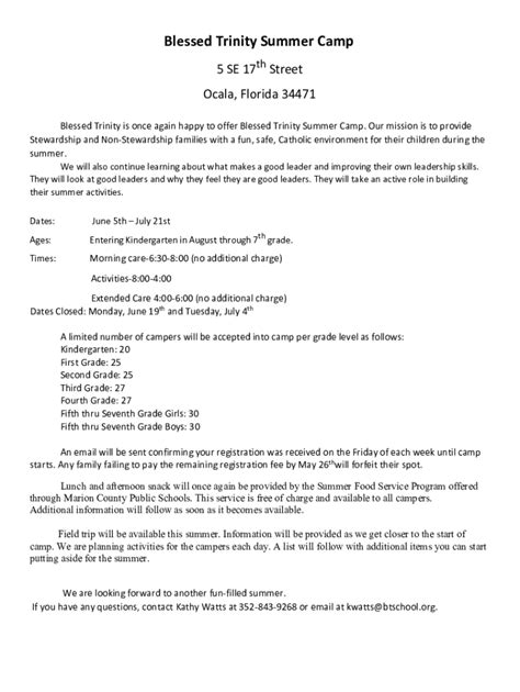 Fillable Online Summer Camp Worker job in Ocala at Blessed Trinity ...