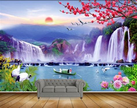 Avikalp MWZ2677 Sun Waterfalls Pink Flowers Cranes Mountains Pink Leav ...
