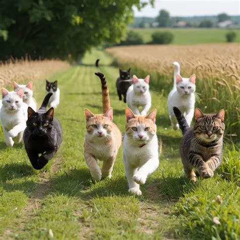 A dozen cats running through a field.