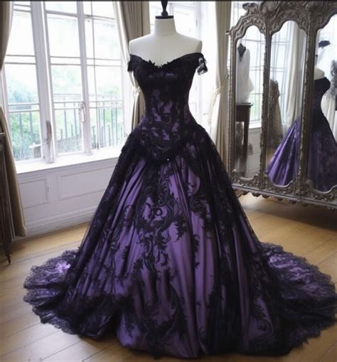 Gothic Black Purple Wedding Dresses Off Shoulder Lace Appliques Bridal Gowns | eBay | Purple ...