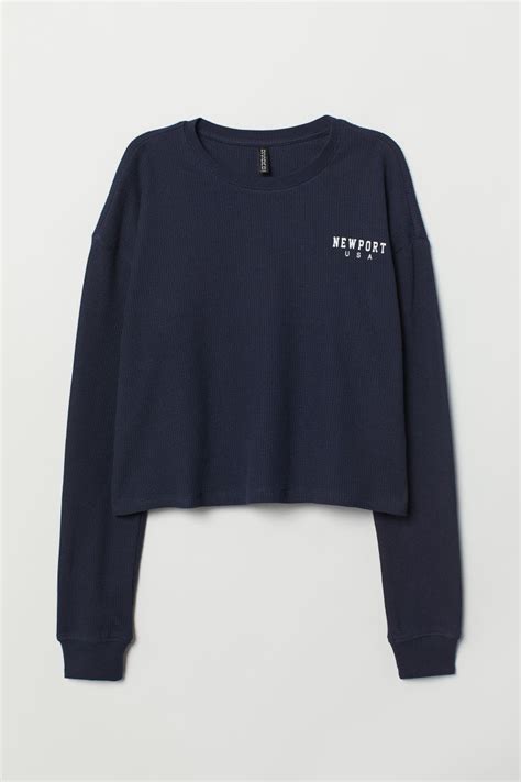 Waffled jersey top - Round neck - Long sleeve - Dark blue - Ladies | H&M IN