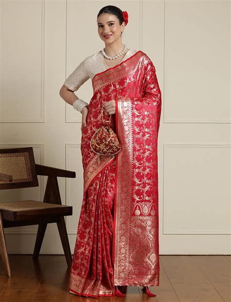 Woven Design Zari Banarasi Saree with Blouse in Red – Sarha