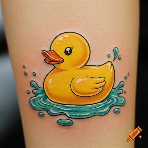 A vibrant tattoo of a cheerful yellow rubber duck splashing in blue ...