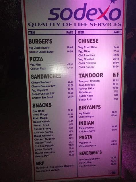 Menu at All Night Canteen, Pilani