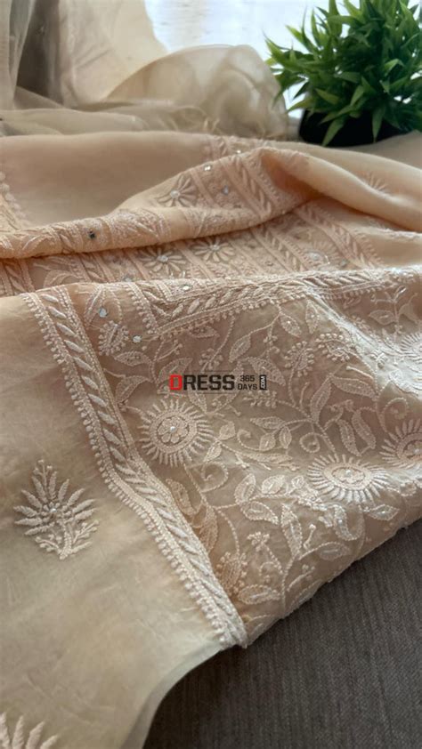 Beige Organza Mirror & Pearl Chikankari Suit (Kurta & Dupatta ...
