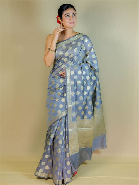Elegant Grey Banarasi Silk Saree with Golden Zari Work & Blouse Piece ...