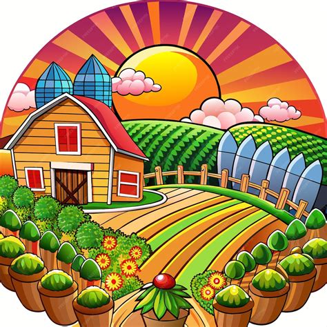 Premium Vector | A cartoon illustration of a farm with a sunflower ...