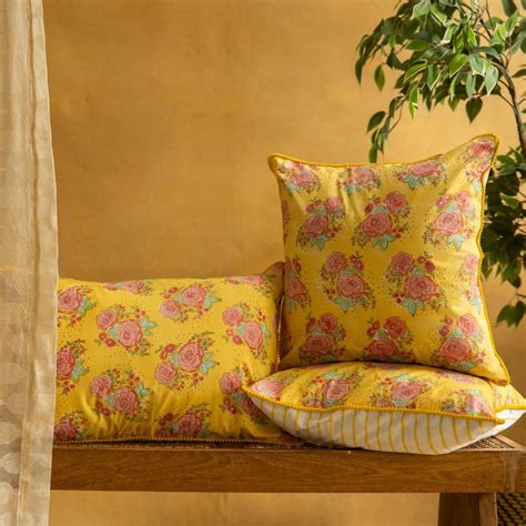 Yellow Floral Square and Rectangle Designer Cotton Sofa Cushion Cover ...