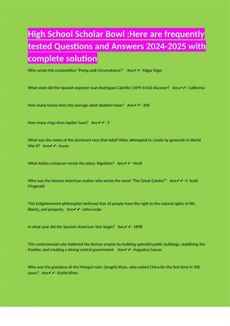 High School Scholar Bowl ;Here are frequently tested Questions and ...