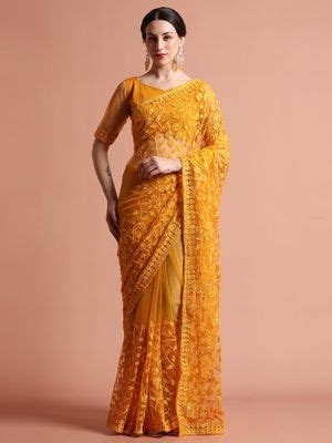 Buy Jaipur Kurti Party Wear Floral Embroidered Net Saree with ...