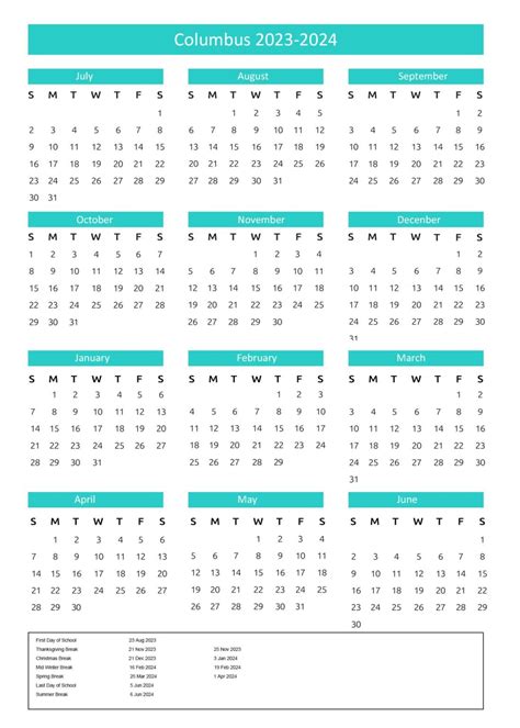 Columbus City Schools Calendar with Holidays 2023-2024