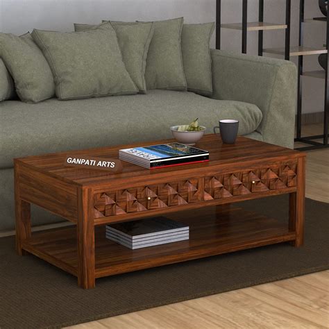 Ganpati Arts Solid Sheesham Wood Centre Coffee Table with 2 Drawer ...
