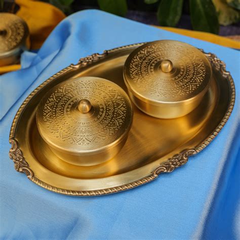 Ambi Pure Brass Inlay Spice / Nut Storage Boxes Serving Tray - 3 pcs s