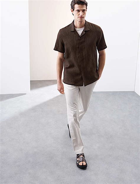 Buy Pure Linen Herringbone Cuban Collar Shirt at Marks & Spencer