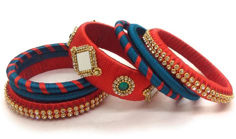 Buy Qualiyo Red Blue Colour Silk Thread Bangles Set Size 2.6,2.8,2.4,2. ...
