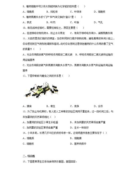 河北省沧州市泊头市2021-2022学年七年级上学期期末生物试题(含答案)-教习网|试卷下载