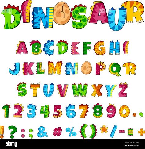 Dino alphabet. Font elements, creative dinosaur style letters and numbers. Colorful kids abc ...