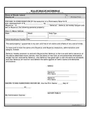 Rhode Island Automobile Bill of Sale - Blank Fillable Template | Fill ...