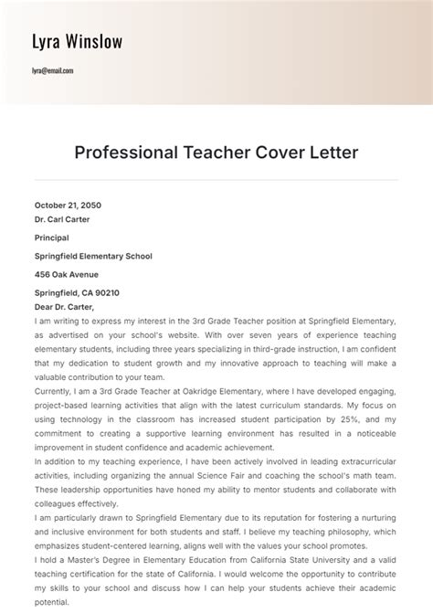 Free Professional Teacher Cover Letter Template to Edit Online