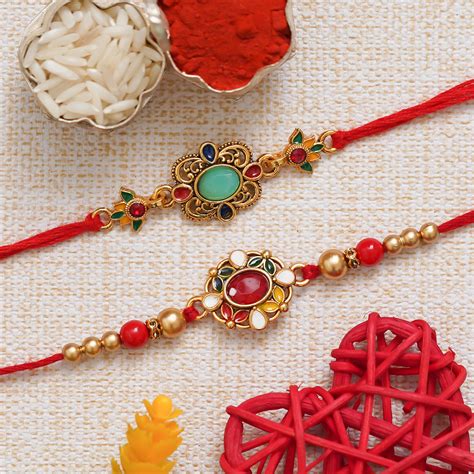 eCraftIndia Set of 2 Premium Stone Designer Rakhis with Roli Chawal Pa