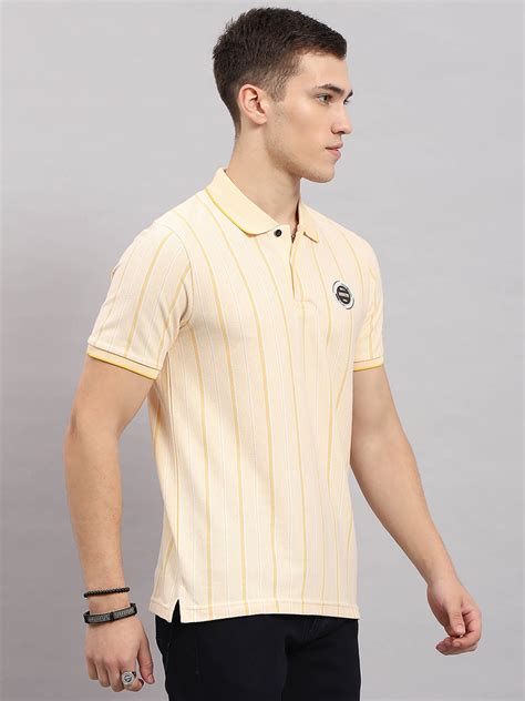 Buy Monte Carlo Men Yellow Striped Collared Neck Half Sleeve Polo T ...